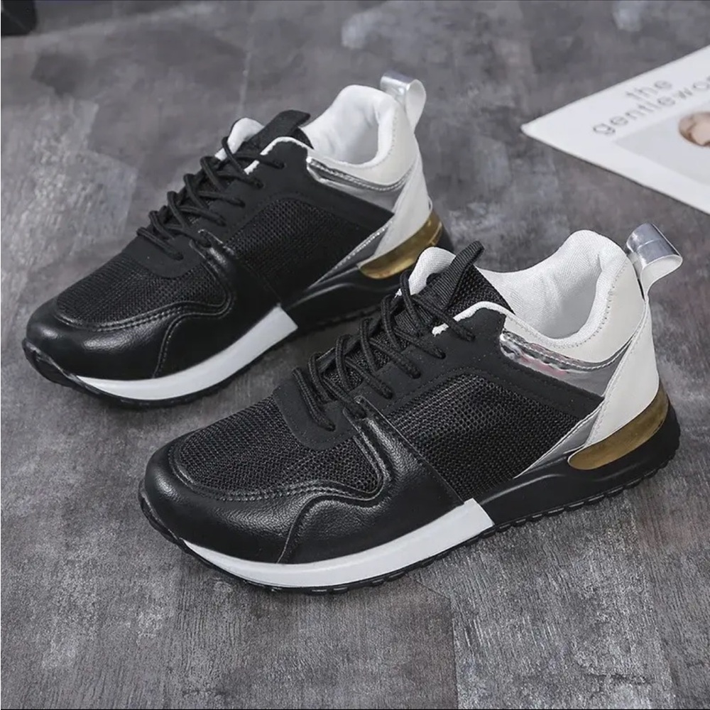BRAND NEW women’s black/white/silver/gold sneakers size 41 (8?)